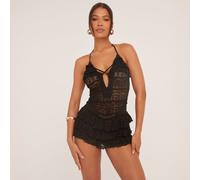 Halterneck Cross Strap All Over Frill Detail Playsuit In Black Texture, Women's Size UK 14