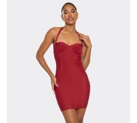 Halterneck Cupped Fitted Detail Mini Dress In Burgundy Bandage, Women's Size UK 6