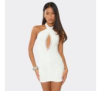 Halterneck Cut Out Lace Trim Ruched Mini Dress In Cream, Women's Size UK 14