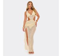 Halterneck Cut Out Side Split Detail Maxi Dress In Yellow Textured Sequin, Women's Size UK 8