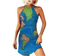 Halterneck Dress Women's Cocktail Dress with Fashionable World Map Print Sexy Party Dress with Cold Shoulder Classic Sleeveless Mini Dress Evening Dress Comfortable A-line Dress with Round Neck