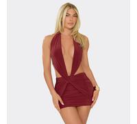 Halterneck Extreme Plunge Front Tie Back Ruched Mini Dress In Burgundy., Women's Size UK 10
