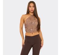 Halterneck Floral Embellished Top In Brown Sequin, Women's Size UK 10