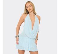 Halterneck Layered Hem Sheer Mini Dress In Baby Blue, Women's Size UK 6
