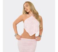 Halterneck Open Back Pointed Hem Crop Top In Pink Lace, Women's Size UK 14