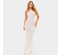 Halterneck Open Tie Back Fishtail Detail Maxi Dress In White Crochet, Women's Size UK 6