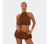 Halterneck Puffball Top In Brown, Women's Size UK 6