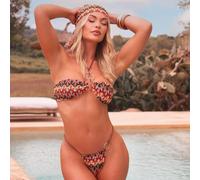 Halterneck Ring Detail Bikini Set In Multi Abstract Crochet, Women's Size UK 14