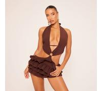 Halterneck Ring Detail Cut Out Playsuit In Brown Texture, Women's Size UK 14