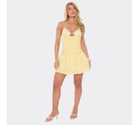 Halterneck Ruched Mini Shift Dress In Lemon Linen Look, Women's Size UK 12