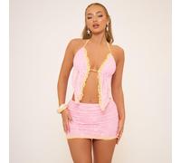 Halterneck Split Hem Contrast Frill Detail Top In Pink Lace, Women's Size UK 12