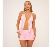 Halterneck Split Hem Contrast Frill Detail Top In Pink Lace, Women's Size UK 14