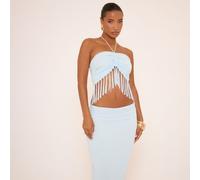 Halterneck Tie Back Ruched Fringe Detail Crop Top In Blue, Women's Size UK 8