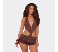 Halterneck Trim Detail Cut Out Frilled Micro Playsuit In Chocolate Brown, Women's Size UK 12
