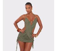 Halterneck Trim Detail Drape Front Beach Mini Dress In Khaki Green, Women's Size UK 6