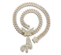 HALUKAKAH 18K Real Gold Plated Pendant Necklace for Men and Women - Over 1000 Diamonds - Cuban Link Chain - Clustered Diamonds 3D Butterfly Initial A Letter Pendant - Giftidea for Loved Ones