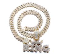 HALUKAKAH 18K Real Gold Plated Pendant Necklace Set for Men - Over 1000 Diamonds - Cuban Link Chain - Clustered Diamonds Crown King Letter Pendant - Hip Hop Style - Complete with Giftbox