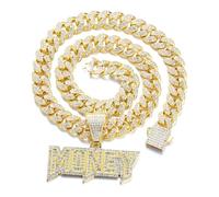 HALUKAKAH 18K Real Gold Plated Pendant Necklace Set for Men - Over 1000 Diamonds - Cuban Link Chain - Clustered Diamonds 3D Money Letter Pendant - Hip Hop Style - Complete with Giftbox