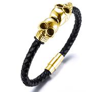 HALUKAKAH ● Assassin ● Men's Genuine Leather Bracelet with Titanium Skull Heads Magnetic Clasp 8.46"/21.5cm(Golden)