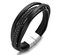 HALUKAKAH Basics ● Road Trip ● Men's Genuine Black Leather Multilayer Bracelet Titanium Silver Magnetic Clasp 8"(20.5cm) with Free Giftbox