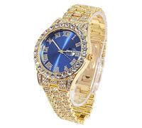 HALUKAKAH Blue Dial Diamonds Gold Watch Iced Out, Men's 18k Real Gold Plated Quartz Wristband 24cm, Free Giftbox