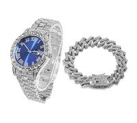 HALUKAKAH Blue Dial Diamonds Gold Watch Iced Out, Men's Platinum White Gold Plated Quartz Wristband 24cm, with Cuban Link Bracelet 20cm, Free Giftbox