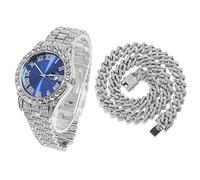 HALUKAKAH Blue Dial Diamonds Gold Watch Iced Out, Men's Platinum White Gold Plated Quartz Wristband 24cm, with Cuban Link Necklace 45cm, Free Giftbox