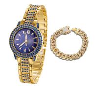 HALUKAKAH Blue Diamonds Gold Watch Iced Out for Boy Teens Kids - 18K Real Gold Plated, 32mm Blue Round Dial, Japanese Quartz - 19.5cm Length - Comes with Cuban Chain 18cm - for Birthday, Parties