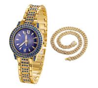 HALUKAKAH Blue Diamonds Gold Watch Iced Out for Boy Teens Kids - 18K Real Gold Plated, 32mm Blue Round Dial, Japanese Quartz - 19.5cm Length - Comes with Cuban Chain 40cm - for Birthday, Parties