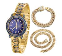 HALUKAKAH Blue Diamonds Gold Watch Iced Out for Boy Teens Kids - 18K Real Gold Plated, 32mm Blue Round Dial, Japanese Quartz - 19.5cm Length - Comes with Cuban Chains 18+40cm - for Birthday, Parties
