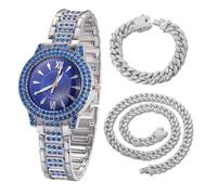 HALUKAKAH Blue Diamonds Gold Watch Iced Out for Boy Teens Kids - Platinum Plated, 32mm Blue Round Dial, Japanese Quartz - 19.5cm Length - Comes with Cuban Chains 18+40cm - for Birthday, Parties