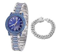 HALUKAKAH Blue Diamonds Gold Watch Iced Out for Boy Teens Kids - Platinum Plated, 32mm Blue Round Dial, Japanese Quartz - 19.5cm Length - Comes with Cuban Chain 18cm - for Birthday, Parties