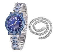 HALUKAKAH Blue Diamonds Gold Watch Iced Out for Boy Teens Kids - Platinum Plated, 32mm Blue Round Dial, Japanese Quartz - 19.5cm Length - Comes with Cuban Chain 40cm - for Birthday, Parties