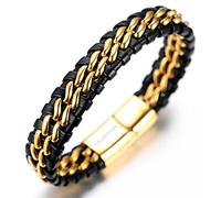 HALUKAKAH Boy's Kids Bracelet Leather ● Honour Gold ● 6-12 Y/O. Titanium Chain Magnetic Clasp 7"/18cm with Free Giftbox