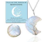 HALUKAKAH Crystal Stone Women's Necklace Natural Moonstone Platinum Plated Brass Wire Handmade Winding Tree of Life Moon Shape Pendant 30×40mm with Chain 50cm