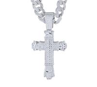 HALUKAKAH Diamond Baroque Cross Necklace for Men, Platinum Plated, Lab Diamonds Prong Set Pendant with 15MM Diamond Cuban Link Chain 50cm, Religious Present for Husband, Son, Boyfriend