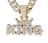 HALUKAKAH Diamond Crown King Necklace for Kid Boys Teens,18k Real Gold Plated,Lab Diamonds Prong Set,3D Bubble Letter Pendant with 15MM Cuban Link Chain 40cm,Present for Son,Grandson,Niece