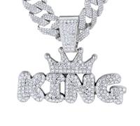 HALUKAKAH Diamond Crown King Necklace for Kid Boys Teens,Platinum Plated,Lab Diamonds Prong Set,3D Bubble Letter Pendant with 15MM Cuban Link Chain 40cm,Present for Son,Grandson,Niece