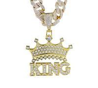 HALUKAKAH Diamond Crown King Necklace for Men,18k Real Gold Plated,Lab Diamonds Prong Set,3D Bubble Letter Pendant with 15mm Diamond Cuban Link Chain 50cm,Present for Husband,Son,Boyfriend