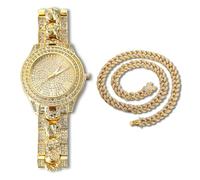 HALUKAKAH Diamond Gold Watch Iced Out,Men's 18k Real Gold Plated Cuban Chain Inserted Band Quartz Wristband 24cm,with Cuban Link Chain 45cm Necklace Set,Full Cz Diamonds,Free Giftbox