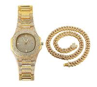 HALUKAKAH Diamond Gold Watch Iced Out,Men's 18k Real Gold Plated Quartz Wristband 24cm,with Cuban Link Chain 45cm Necklace Set,Full Cz Diamonds,Free Giftbox