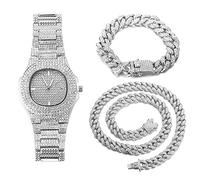 HALUKAKAH Diamond Gold Watch Iced Out,Men's Platinum White Gold Plated Quartz Wristband 24cm,with Cuban Link Chain 20cm Bracelet +45cm Necklace Set,Full Cz Diamonds,Free Giftbox