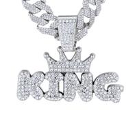 HALUKAKAH Diamond Necklace for Men - Platinum Plated - Lab Diamonds Prong Set - Crown King 3D Bubble Letter Pendant with 15mm Diamond Cuban Link Chain 50cm - Present for Husband, Son, Boyfriend