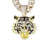 HALUKAKAH Diamond Tiger Necklace for Men, 18k Real Gold Plated, Lab Diamonds Prong Set Pendant with 15MM Cuban Link Chain 50cm, Present for Husband, Son, Boyfriend