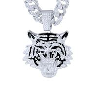 HALUKAKAH Diamond Tiger Necklace for Men, Platinum Plated, Lab Diamonds Prong Set Pendant with 15MM Cuban Link Chain 50cm, Present for Husband, Son, Boyfriend