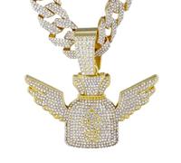 HALUKAKAH Diamond US Dollar Moneybag Necklace for Men, 18k Real Gold Plated, Lab Diamonds Prong Set Pendant with 15MM Diamond Cuban Link Chain 50cm, Hip Hop Present for Husband, Son, Boyfriend