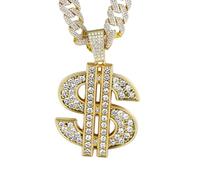 HALUKAKAH Diamond US Dollar Necklace for Men, 18k Real Gold Plated, Lab Diamonds Prong Set Pendant with 15MM Diamond Cuban Link Chain 50cm, Hip Hop Present for Husband, Son, Boyfriend