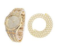 HALUKAKAH Diamonds Gold Watch for Men, 18k Real Gold Plated Quartz Wristband 22cm Octagon Dial, with Clustered Diamond Tennis Chain Necklace 45cm, Free Giftbox