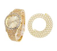 HALUKAKAH Diamonds Gold Watch for Men, 18k Real Gold Plated Quartz Wristband 24cm Round Dial, with Clustered Diamond Tennis Chain Necklace 45cm, Free Giftbox