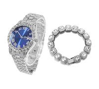 HALUKAKAH Diamonds Gold Watch for Men, Platinum White Gold Plated Quartz Wristband 24cm Blue Dial, with Clustered Diamond Tennis Chain Bracelet 20cm, Free Giftbox